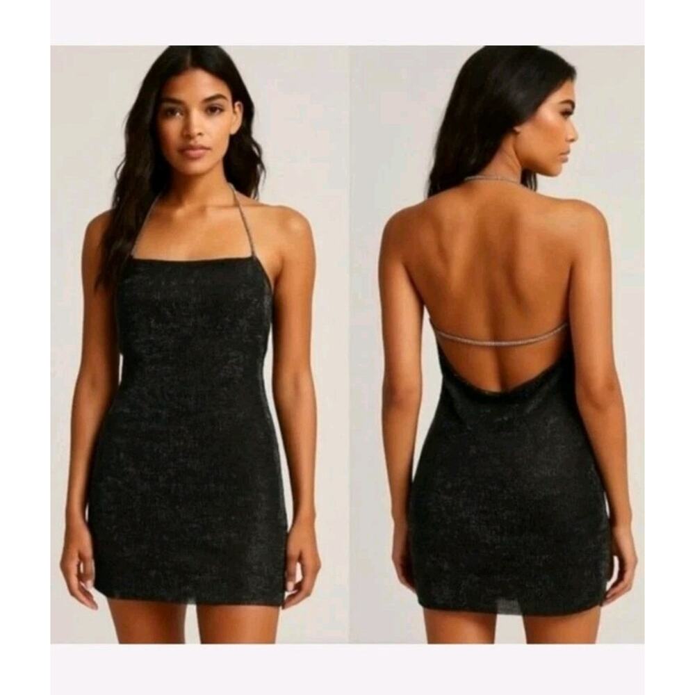 Choosy Rhinestone Eve Metal Sheer Mesh Black Halter Mini Dress M Rave‎ Disco NWT